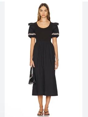 New! Cleobella Black Puff-Sleeve Midi Dress with Trim